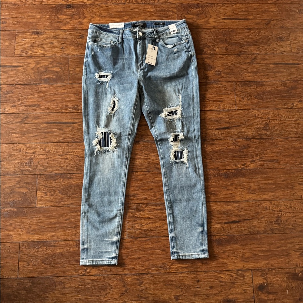 Judy Blue-NWT Skinny Jeans in Blue and White Striped Distressed Style